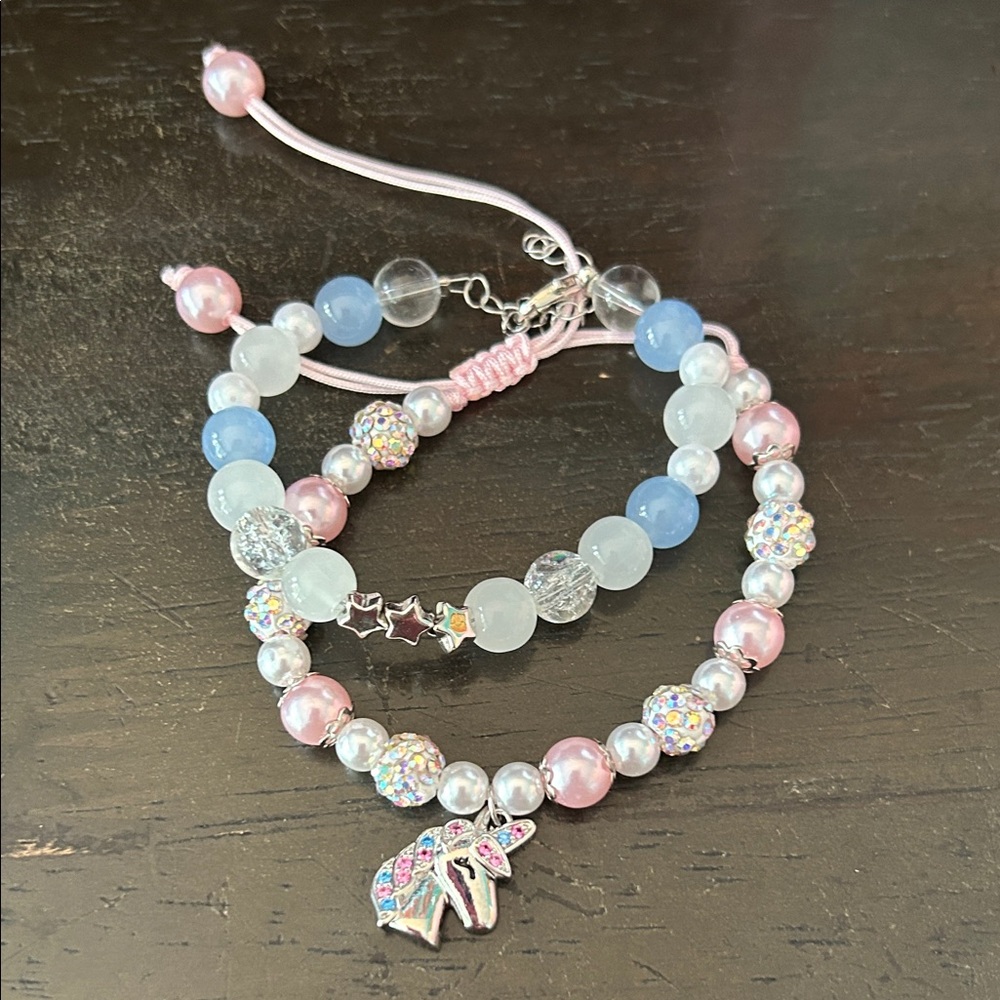Pink and Blue Beaded Charm Bracelet Set